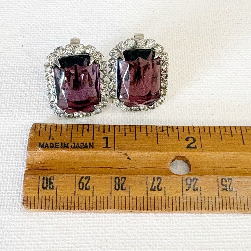 Vintage Purple Clear Rhinestone Clip On Earrings Bling Glam Silver Tone - Picture 2 of 6